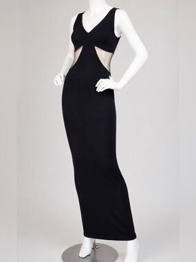 Vintage Versace Black Long Jersey Dress w/ PVC Inserts – Size 44